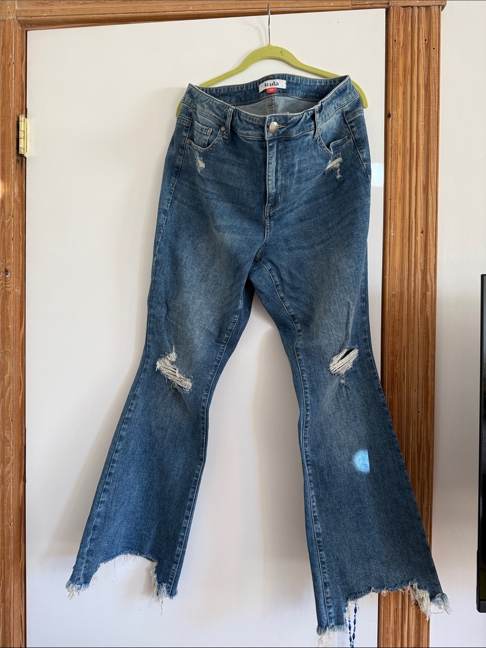 ARULA Distressed Mid-Blue Flare Jeans with Frayed Hem